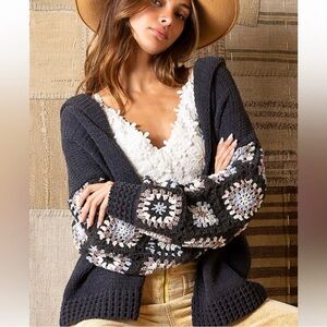 POL Cozy Crochet Granny Square Patchwork Boho Oversized Hoodie Cardigan Size L